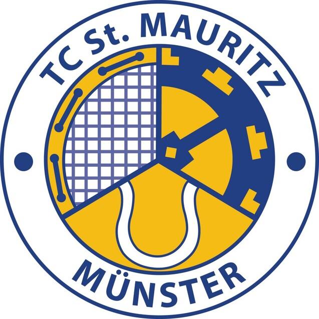 Logo des TC St. Mauritz Münster mit Tennisnetz, Schläger und Platzdetails in Blau und Gelb.