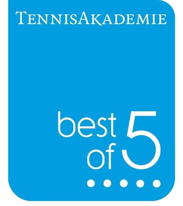 Logo der TennisAkademie mit dem Slogan „best of 5“ auf blauem Hintergrund.