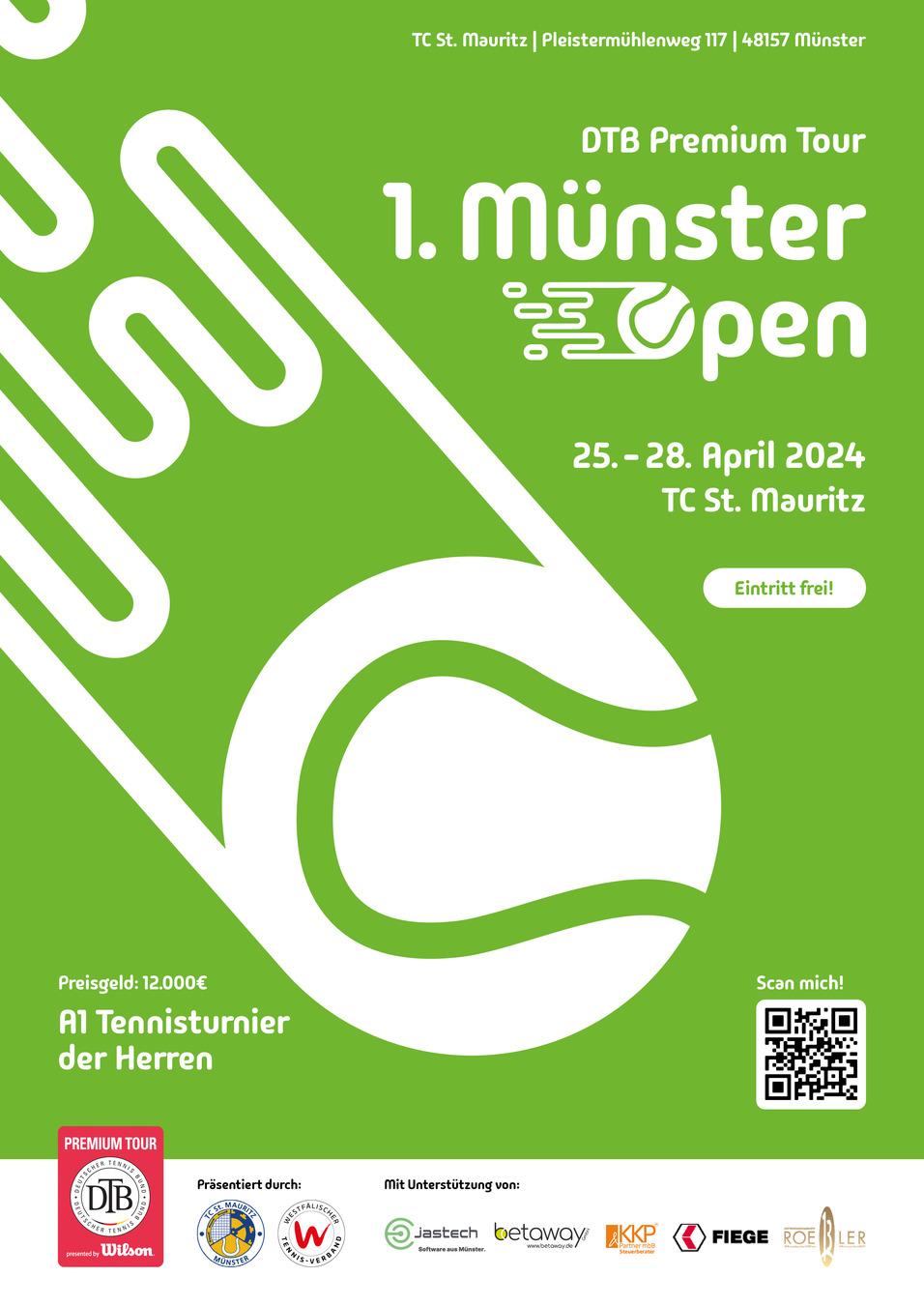 Plakat für das 1. Münster Open vom 25. bis 28. April 2024, TC St. Mauritz, Eintritt frei, Preisgeld 12.000 €.