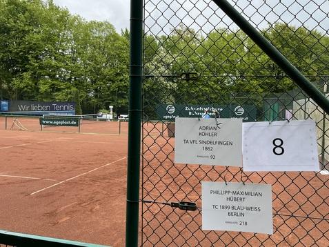 Tennisplatz mit Sicht auf das Spielfeld, einem Netz und zwei Spielergruppen im Hintergrund. Platznummer 8 hängt am Zaun.