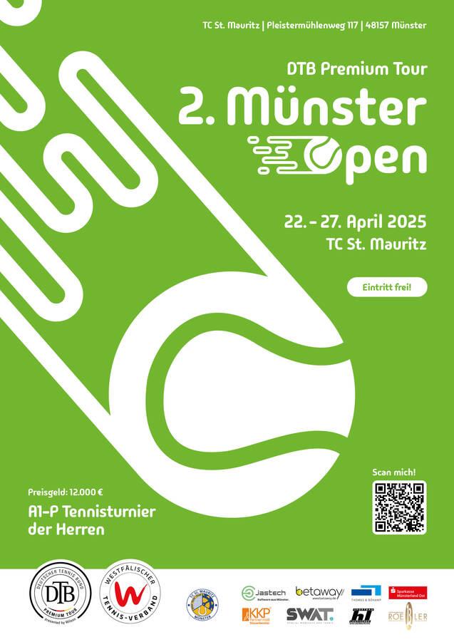 Plakat für das 2. Münster Open, DTB Premium Tour, 22.-27. April 2025 im TC St. Mauritz, Eintritt frei, Preisgeld 12.000 €.
