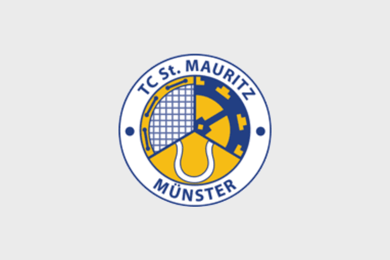 Logo des TC St. Mauritz Münster mit Tennisnetz und Platz in Blau und Gelb, umgeben von einem weißen Kreis.