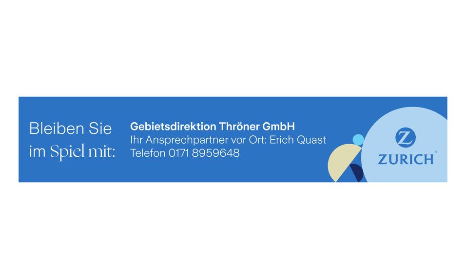 Banner der Zürich Versicherungsgruppe mit Kontaktdaten der Gebietsleitung Thräner GmbH und Ansprechpartner Erich Quast.