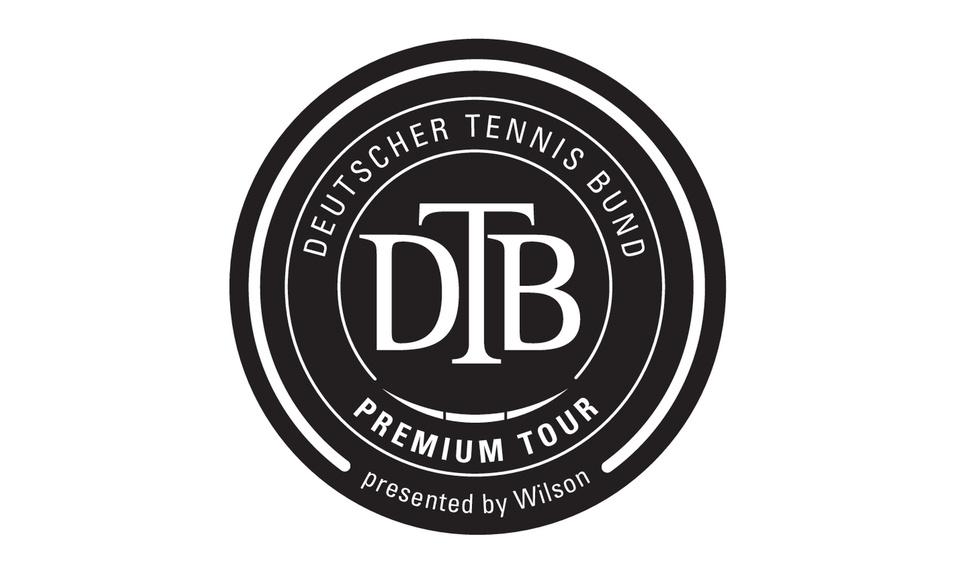 Logo des Deutschen Tennis Bundes, mit dem Schriftzug „DTB PREMIUM TOUR presented by Wilson“ in einem runden Design.