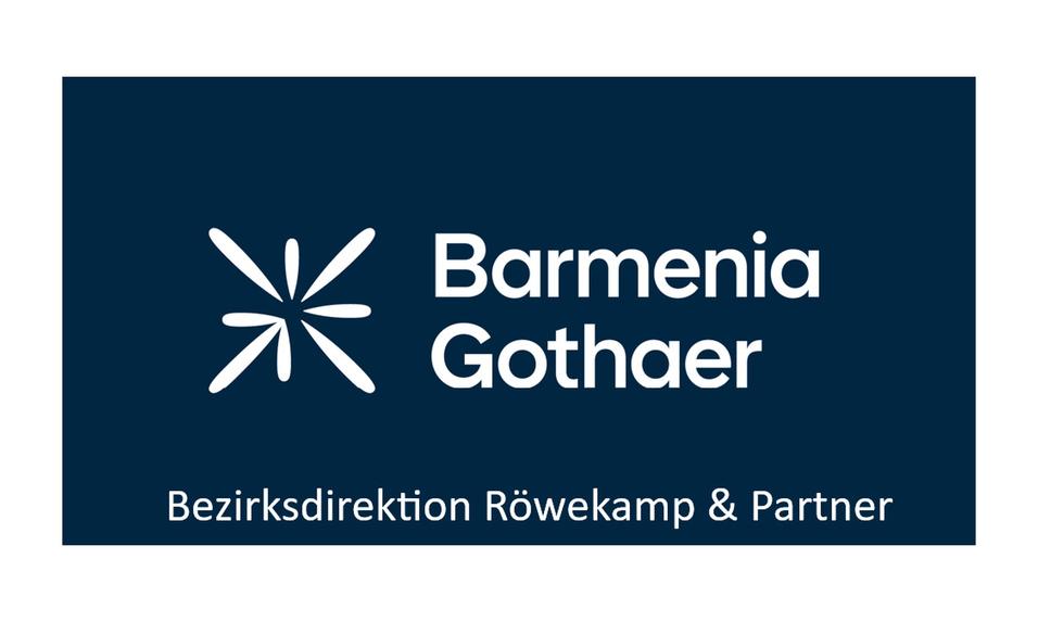 Logo der Barmenia Gothaer Bezirksdirektion Röwekamp & Partner in Blau mit weißem Schriftzug und graphischem Element.