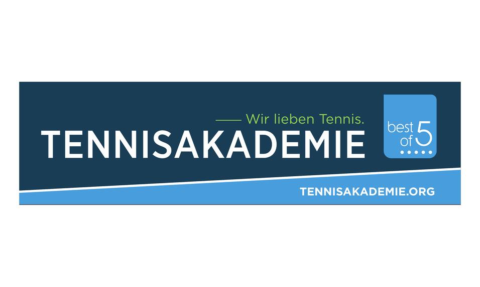 Banner der Tennisakademie mit dem Slogan „Wir lieben Tennis“ und Website-Adresse.